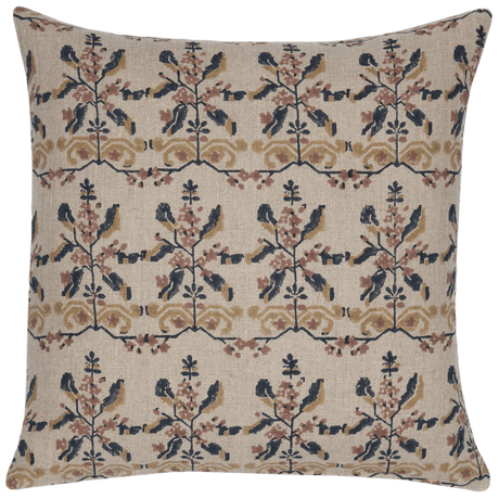 Manda Linen Block Print Throw Pillow Cover, Natural-Floral Pillows-Parc Decor