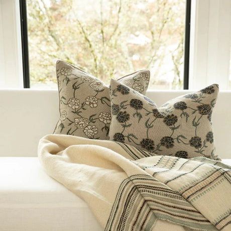 Maria Linen Floral Throw Pillow Cover, Indigo-Floral Pillows-Parc Decor