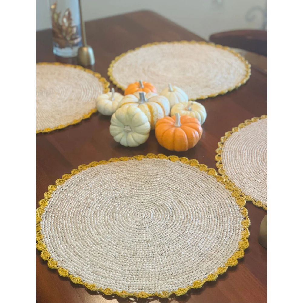 Marigold Raffia Placemats, Boho Round Natural Hand Woven Placemats, Table Mats for Dining Table-table tops-Parc Decor