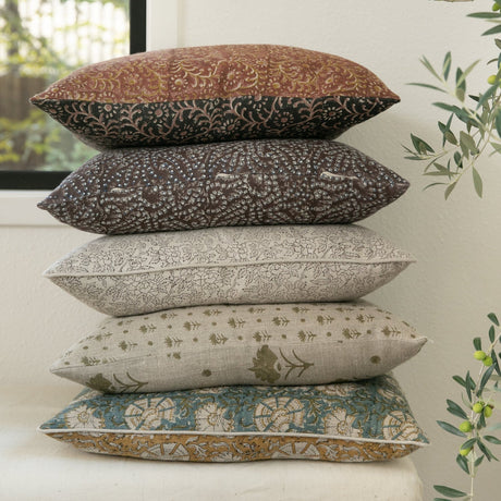 Marisa Floral Block Print Throw Pillow Cover, Noir on Natural-Floral Pillows-Parc Decor