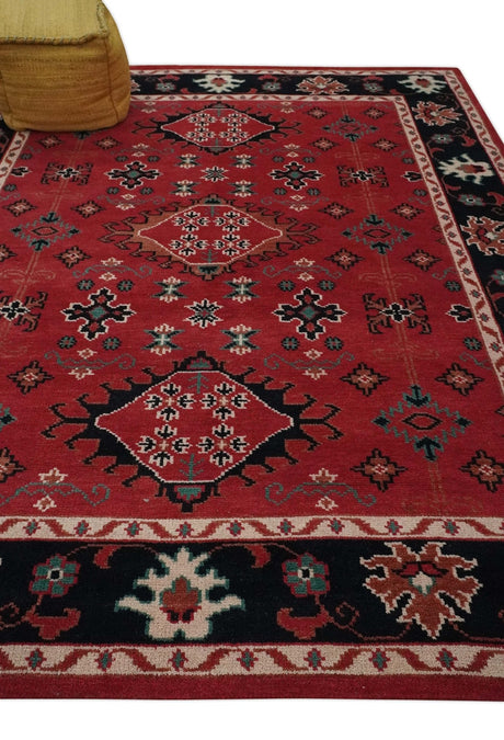 Maroon and Black Traditional Oriental Hand Knotted Custom Made wool Area Rug