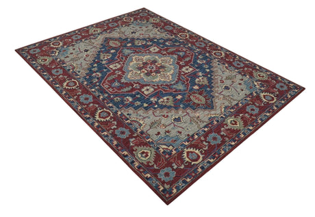 Maroon and Blue Hand Tufted Traditional Medallion Multi Size wool Area Rug