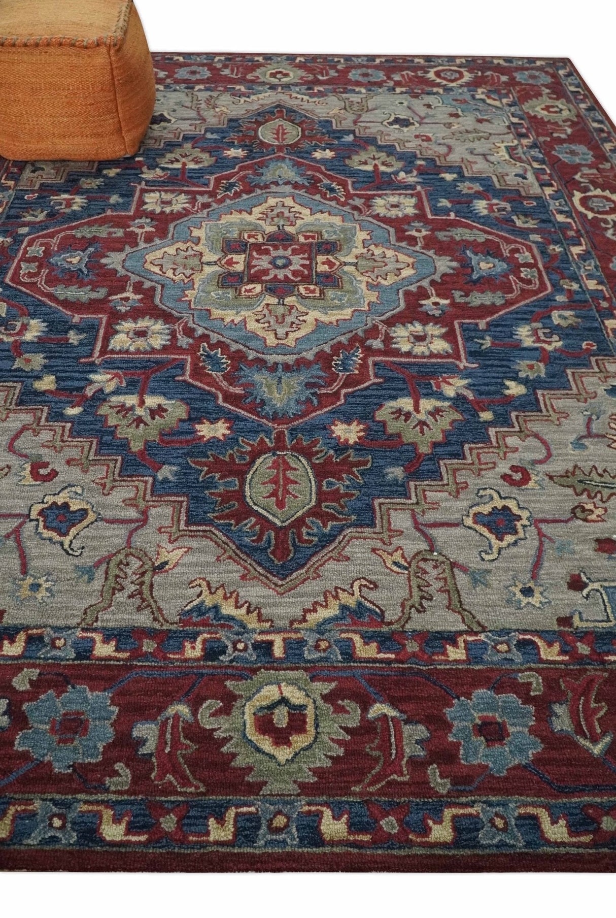 Maroon and Blue Hand Tufted Traditional Medallion Multi Size wool Area Rug