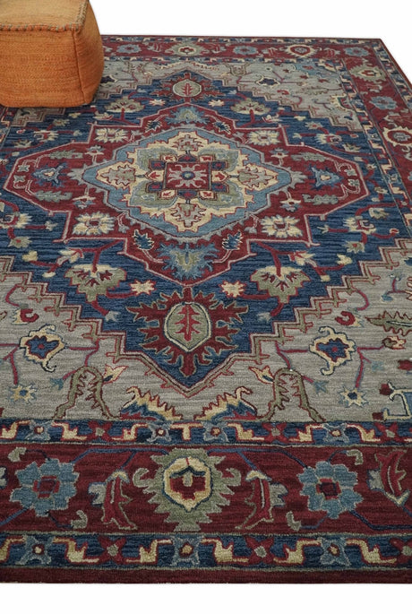 Maroon and Blue Hand Tufted Traditional Medallion Multi Size wool Area Rug