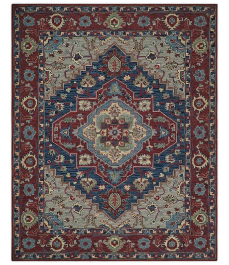 Maroon and Blue Hand Tufted Traditional Medallion Multi Size wool Area Rug