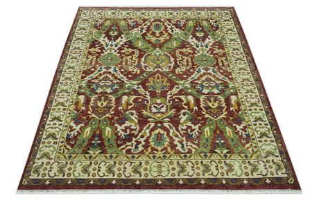 Maroon and Green Hand Knotted Traditional Large Design Multi Size wool area rug