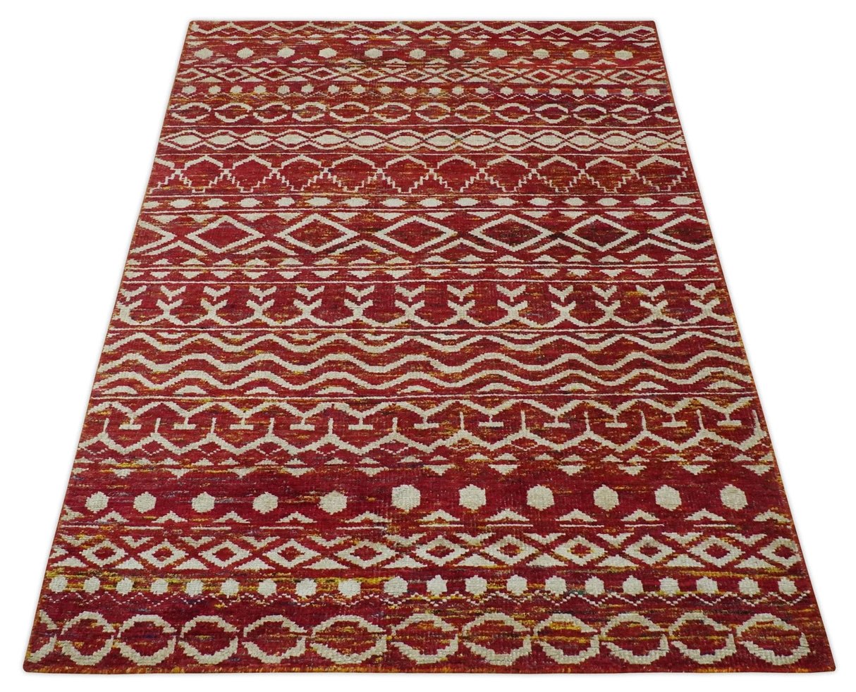 Maroon and Ivory 5.6x8.6 Hand Knotted Southwestern Tribal Trellis Recycled Silk Rug