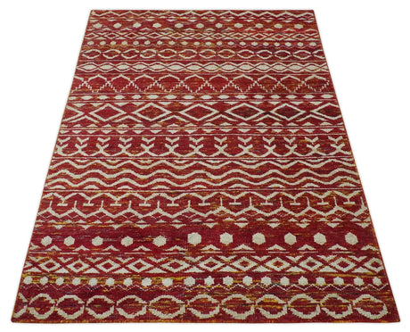 Maroon and Ivory 5.6x8.6 Hand Knotted Southwestern Tribal Trellis Recycled Silk Rug