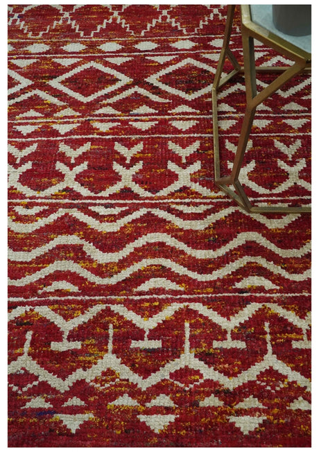 Maroon and Ivory 5.6x8.6 Hand Knotted Southwestern Tribal Trellis Recycled Silk Rug