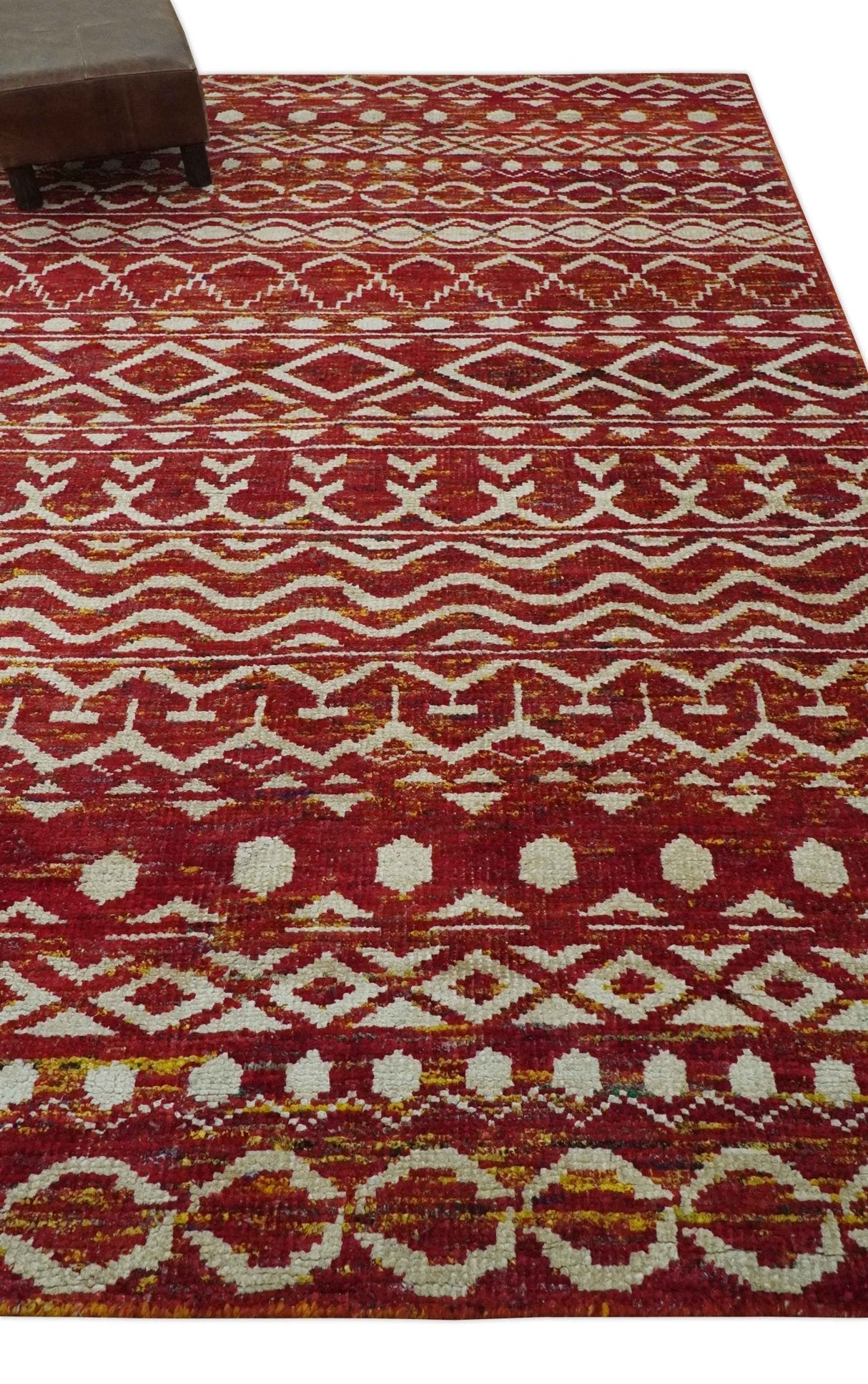 Maroon and Ivory 5.6x8.6 Hand Knotted Southwestern Tribal Trellis Recycled Silk Rug