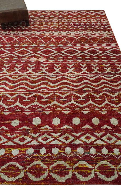 Maroon and Ivory 5.6x8.6 Hand Knotted Southwestern Tribal Trellis Recycled Silk Rug