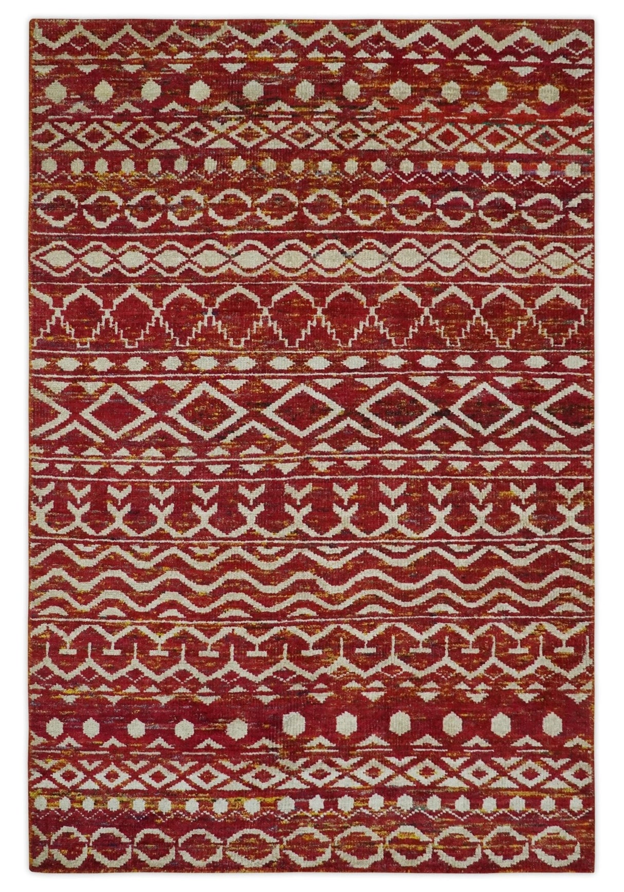 Maroon and Ivory 5.6x8.6 Hand Knotted Southwestern Tribal Trellis Recycled Silk Rug