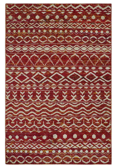 Maroon and Ivory 5.6x8.6 Hand Knotted Southwestern Tribal Trellis Recycled Silk Rug