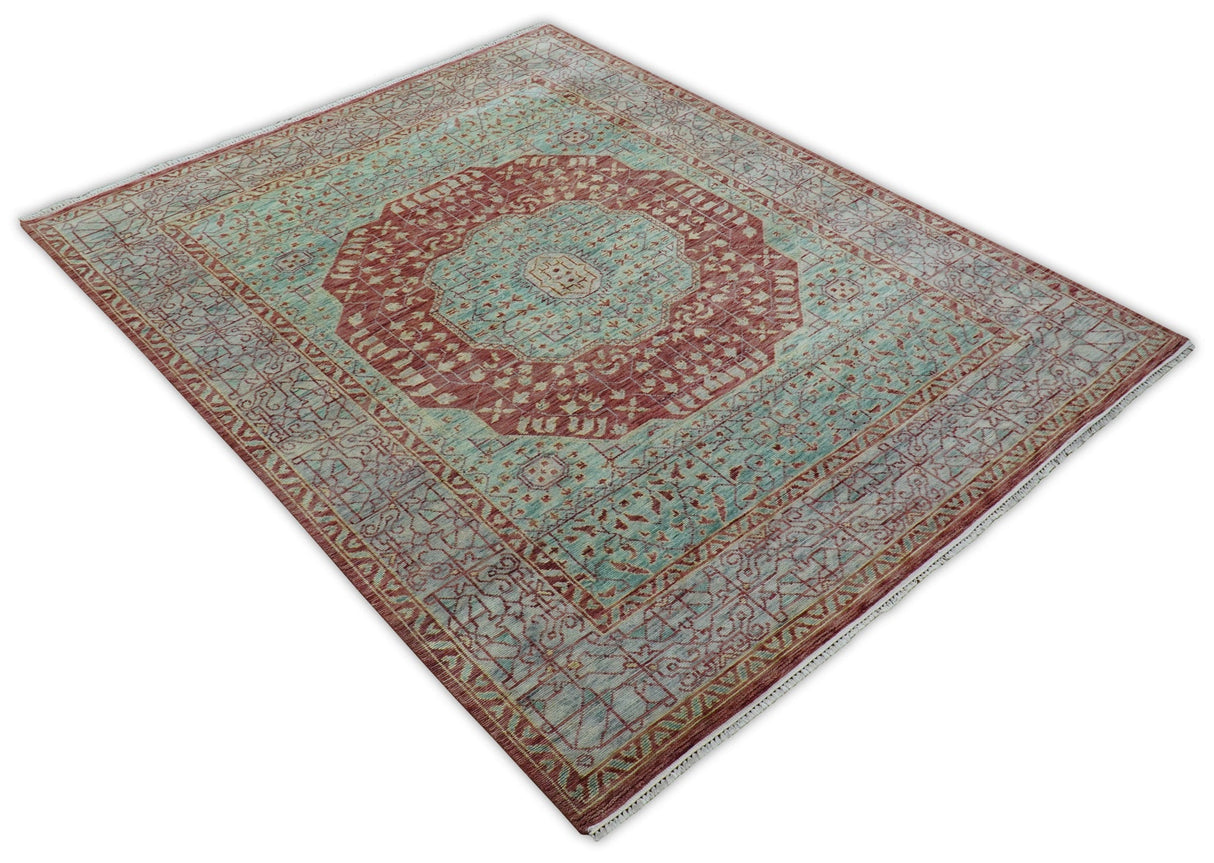 Maroon And Teal Traditional Mamluk Design Hand knotted 9x12 Wool Rug