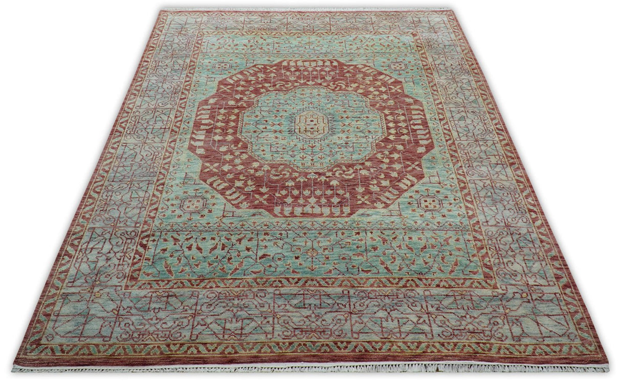 Maroon And Teal Traditional Mamluk Design Hand knotted 9x12 Wool Rug