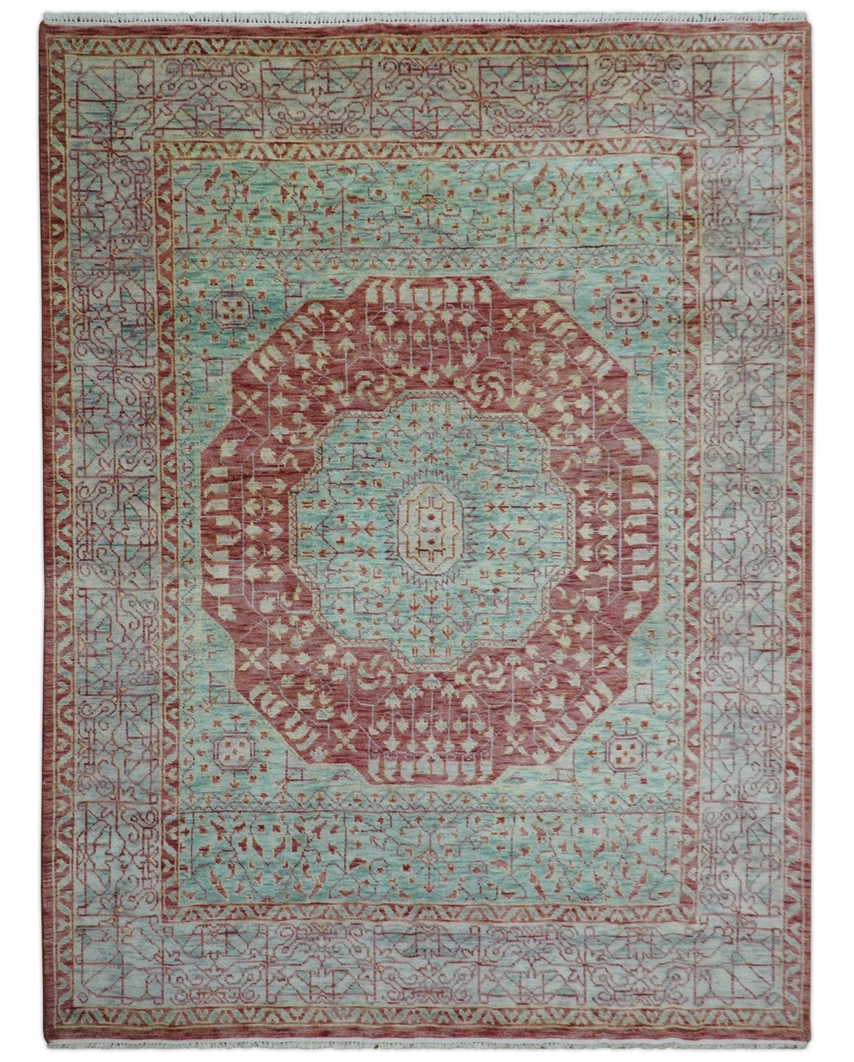 Maroon And Teal Traditional Mamluk Design Hand knotted 9x12 Wool Rug
