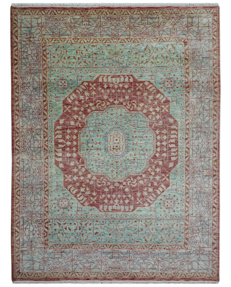 Maroon And Teal Traditional Mamluk Design Hand knotted 9x12 Wool Rug
