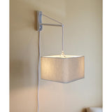 MAST Plug-In Wall Mount Pendant, 2 Light White Cord/Arm with Diffuser, Rounded Corner Square Oatmeal Drum Shade 14"W
