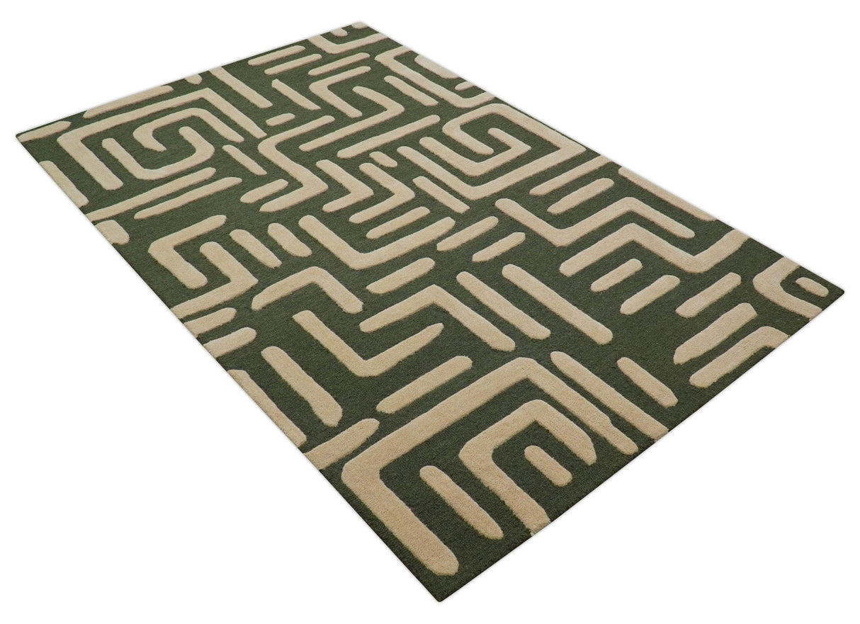 Maze Custom Made Modern Abstract Design Olive Hand Tufted Wool Area Rug