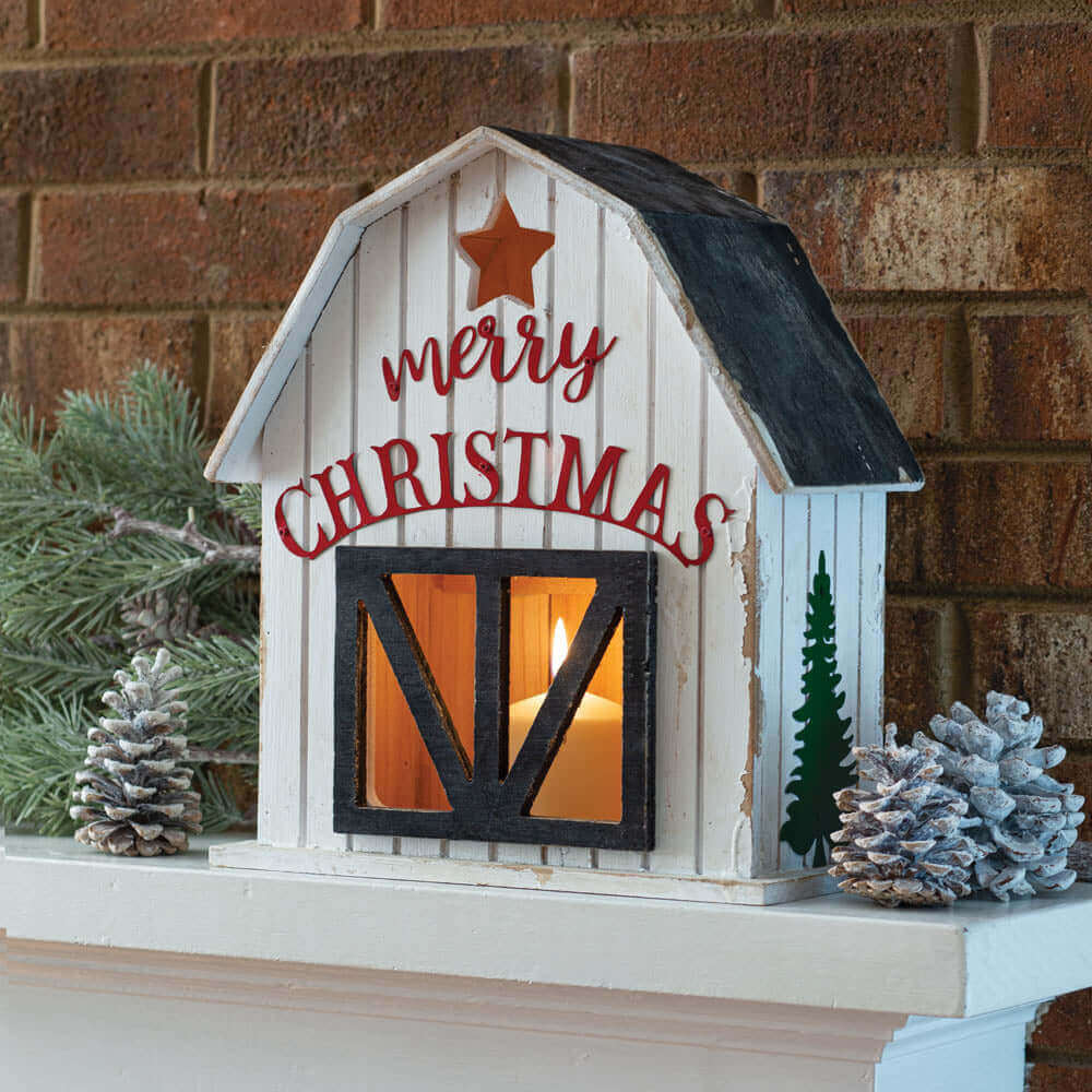 Merry Christmas Farmhouse Wooden Barn Lantern-christmas decor-Parc Decor