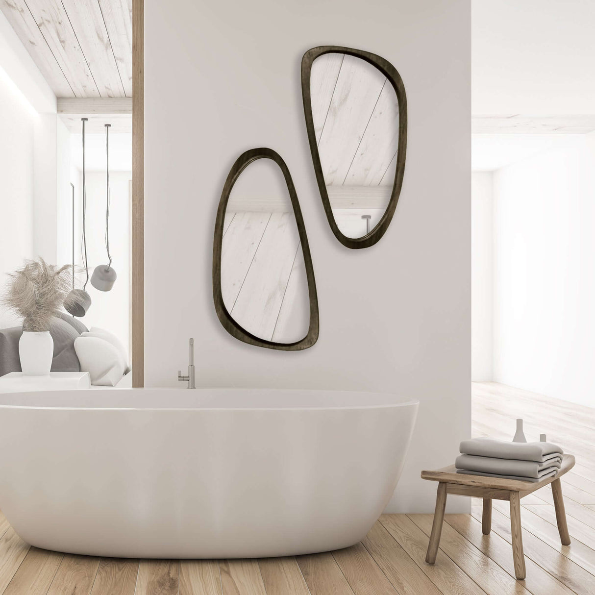 Mid-Century Modern Asymmetrical Black Wood Mirror-Mirror-Parc Decor