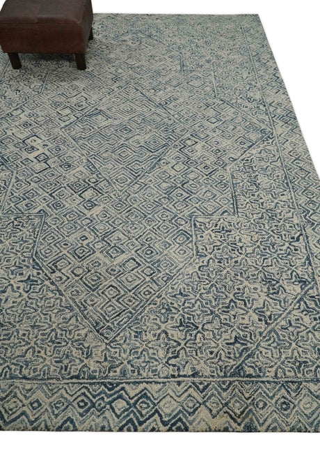 Mid Century Modern Hand Tufted 2x3, 3x5, 5x8, 6x9, 8x10 and 9x12 Woolen Beige and Blue Area Rug | MIR1