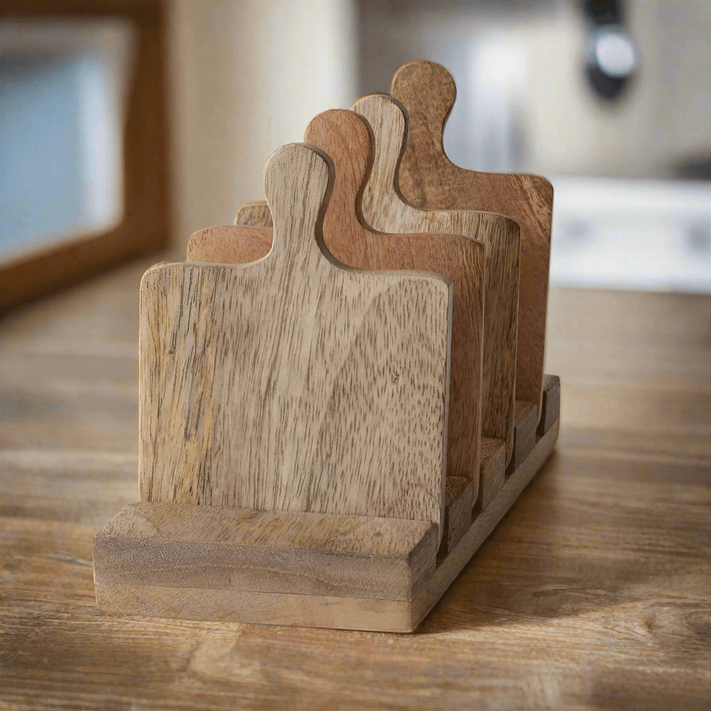 Mini Wooden Cutting Board Coasters with Caddy-Coasters-Parc Decor