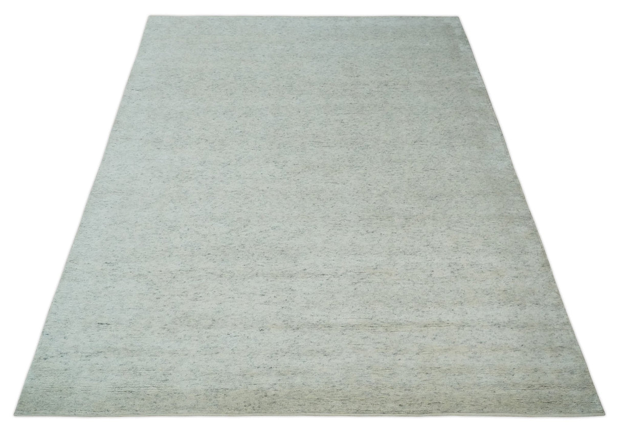 Minimalist Fine Hand Knotted Ivory and Silver 9x12 Rug Made with Fine Wool, Solid Rug | AC37912