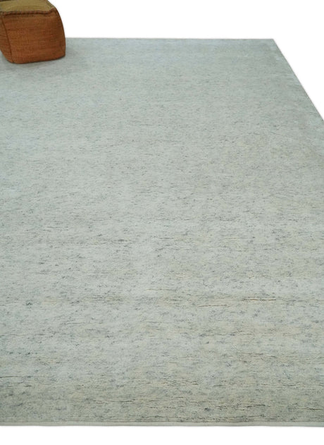 Minimalist Fine Hand Knotted Ivory and Silver 9x12 Rug Made with Fine Wool, Solid Rug | AC37912