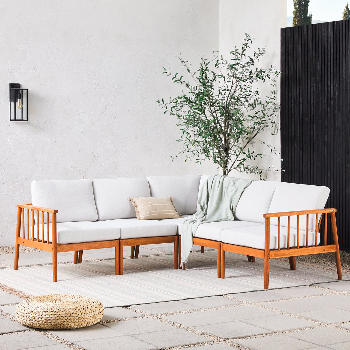 Modern 5-Piece Spindle Solid Wood Outdoor L-Shaped Sectional Set-Outdoor-Parc Decor