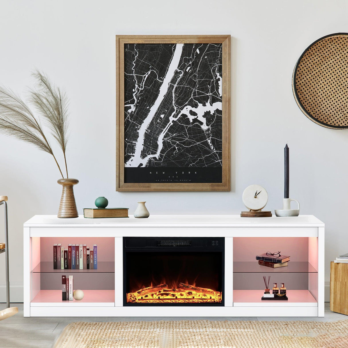 Modern 66" LED TV Stand with 23" Insert Electric Fireplace for Living Room