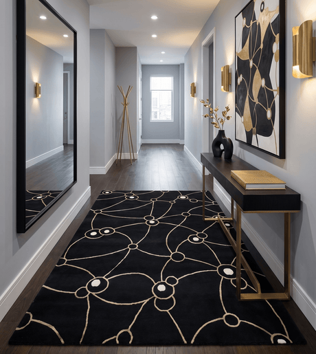 Modern 6x8 Black and Gold Wool and Silk Hand Woven Rug
