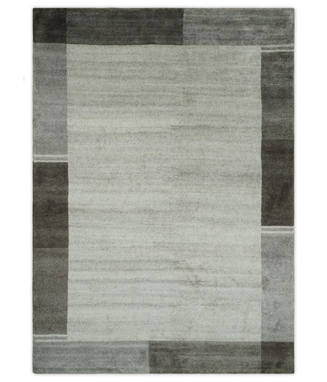 Modern 6x8 Ivory and Silver Wool Hand Woven Area Rug