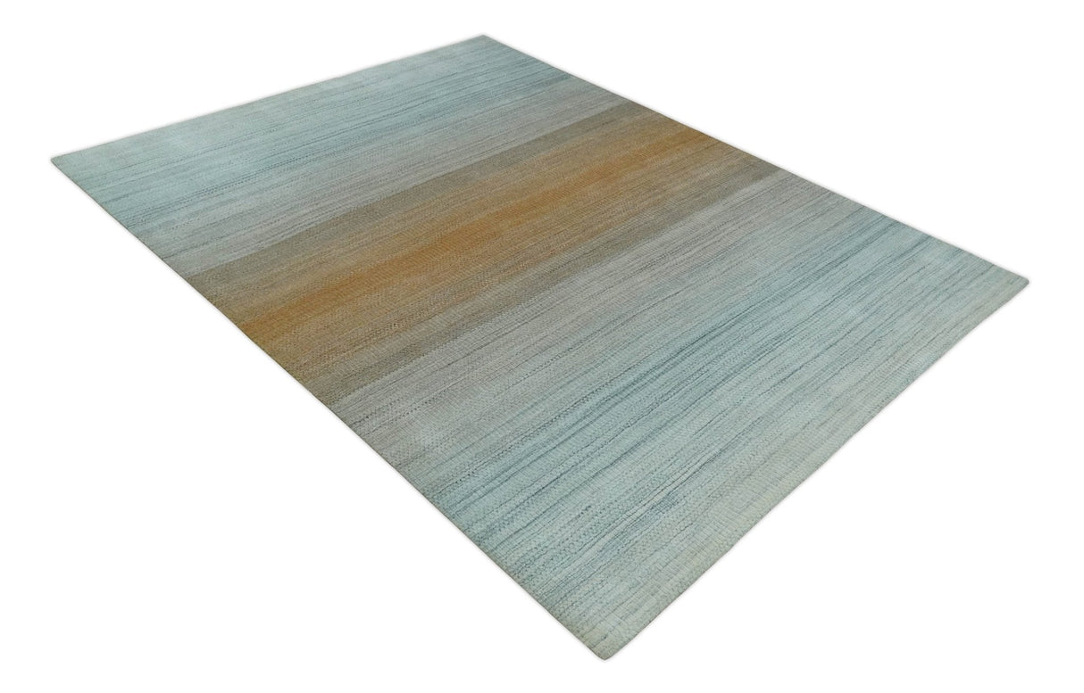 Modern 8x10 Hand Made Silver and Brown Blended Wool Flatwoven Area Rug