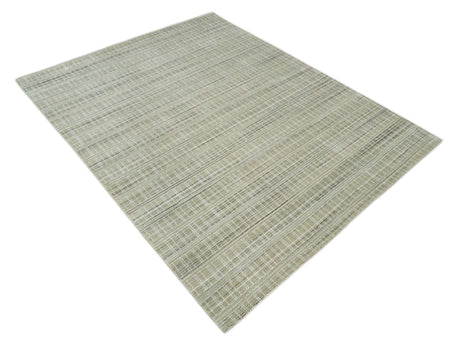 Modern 8x10 Hand Made Striped Olive and White Blended Wool Area Rug