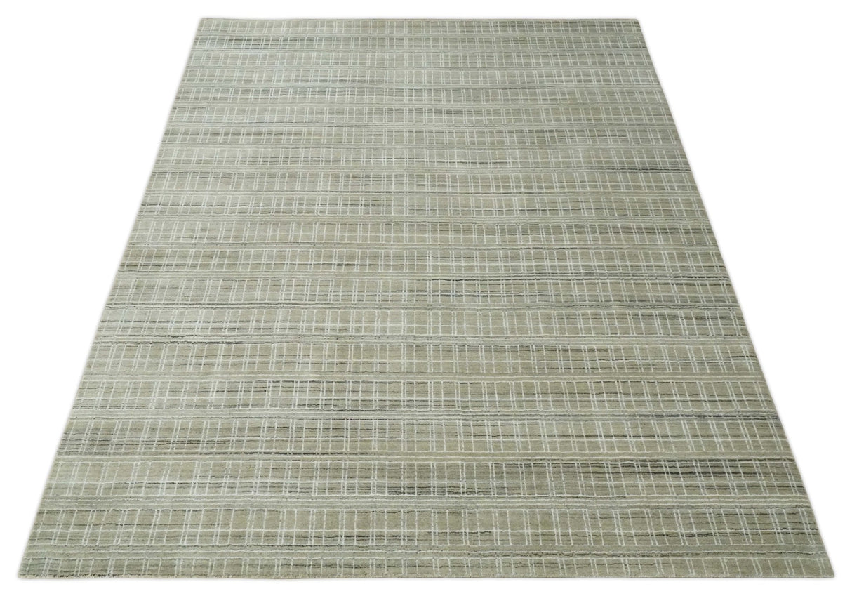 Modern 8x10 Hand Made Striped Olive and White Blended Wool Area Rug