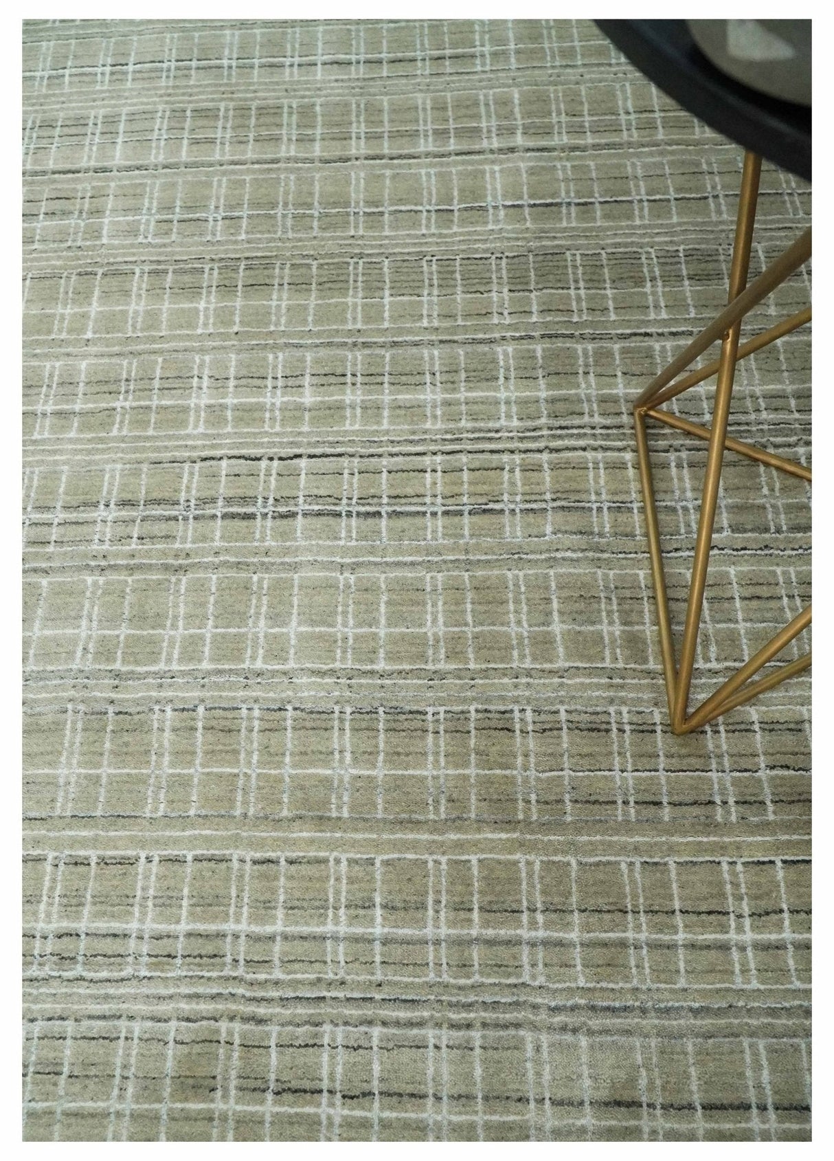 Modern 8x10 Hand Made Striped Olive and White Blended Wool Area Rug