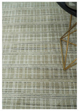 Modern 8x10 Hand Made Striped Olive and White Blended Wool Area Rug