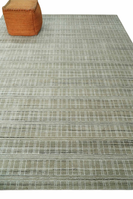 Modern 8x10 Hand Made Striped Olive and White Blended Wool Area Rug