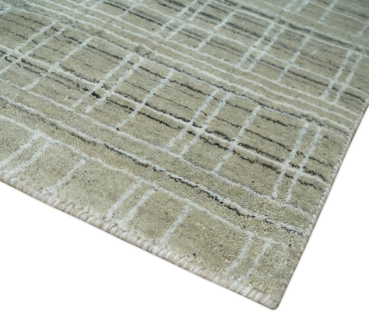 Modern 8x10 Hand Made Striped Olive and White Blended Wool Area Rug