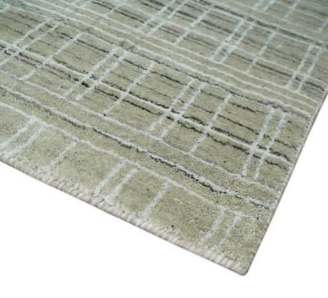 Modern 8x10 Hand Made Striped Olive and White Blended Wool Area Rug