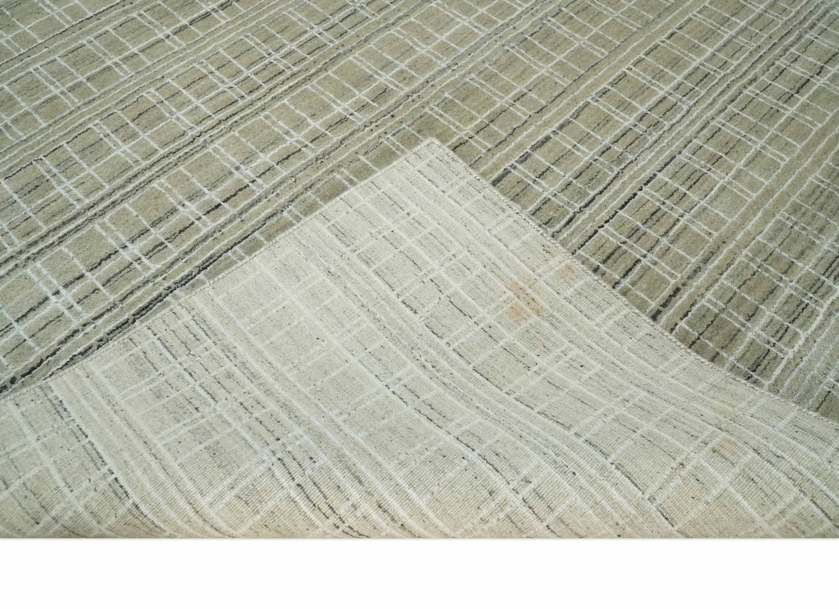 Modern 8x10 Hand Made Striped Olive and White Blended Wool Area Rug