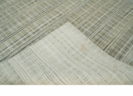 Modern 8x10 Hand Made Striped Olive and White Blended Wool Area Rug