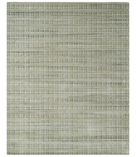 Modern 8x10 Hand Made Striped Olive and White Blended Wool Area Rug