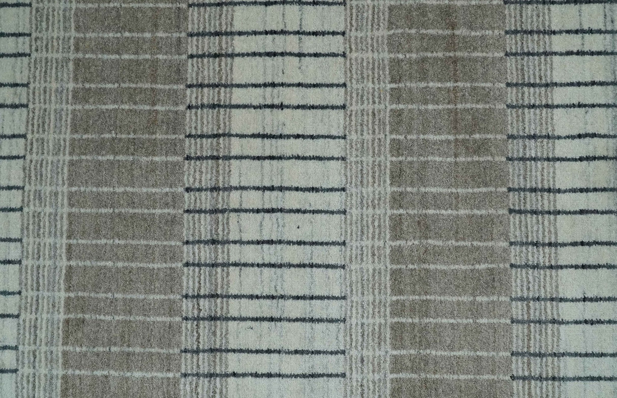 Modern 8x10 Hand Made Stripes Ivory and Brown Wool Flatwoven Area Rug