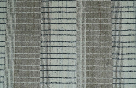 Modern 8x10 Hand Made Stripes Ivory and Brown Wool Flatwoven Area Rug