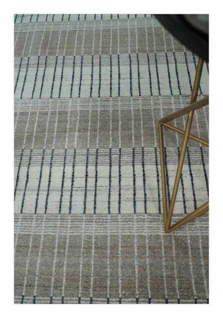 Modern 8x10 Hand Made Stripes Ivory and Brown Wool Flatwoven Area Rug