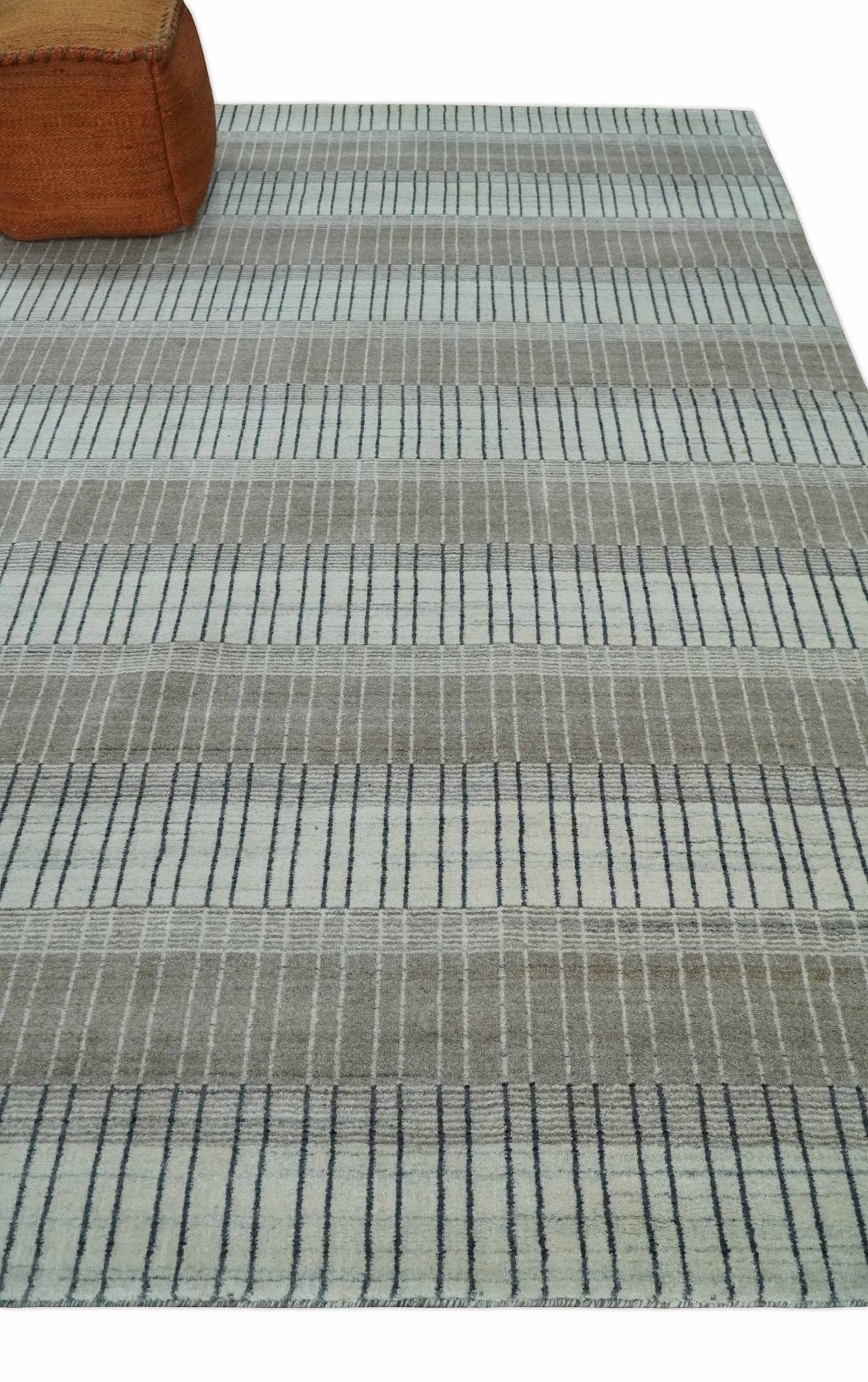 Modern 8x10 Hand Made Stripes Ivory and Brown Wool Flatwoven Area Rug