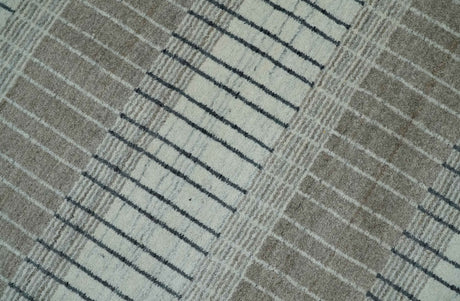 Modern 8x10 Hand Made Stripes Ivory and Brown Wool Flatwoven Area Rug
