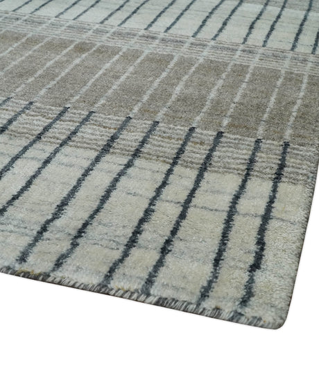 Modern 8x10 Hand Made Stripes Ivory and Brown Wool Flatwoven Area Rug